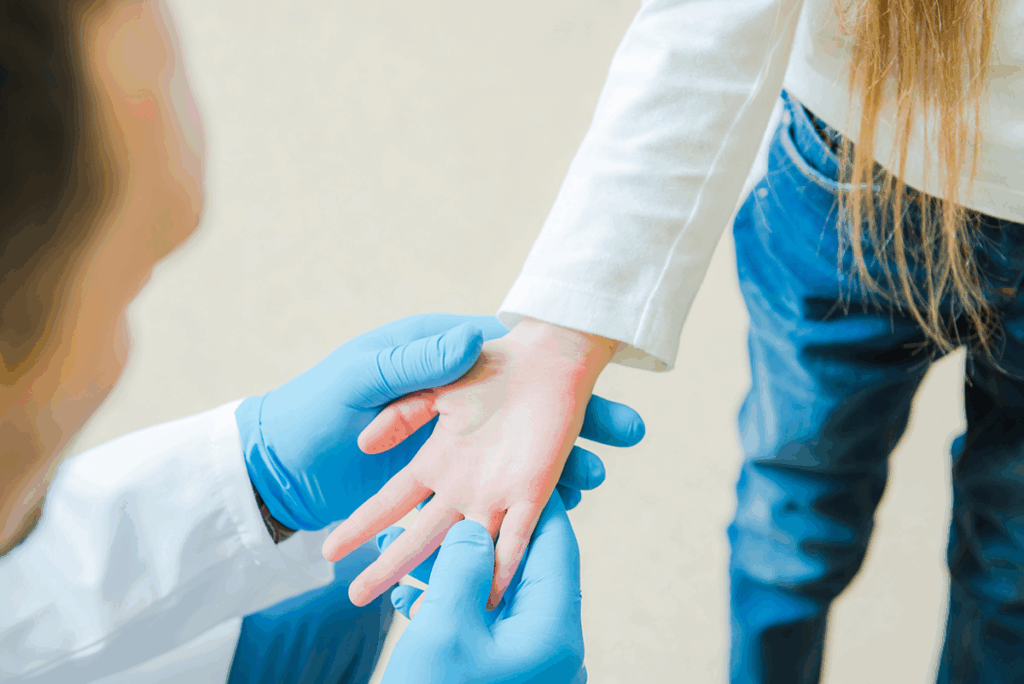 Physician looking at bones in the hands of a child