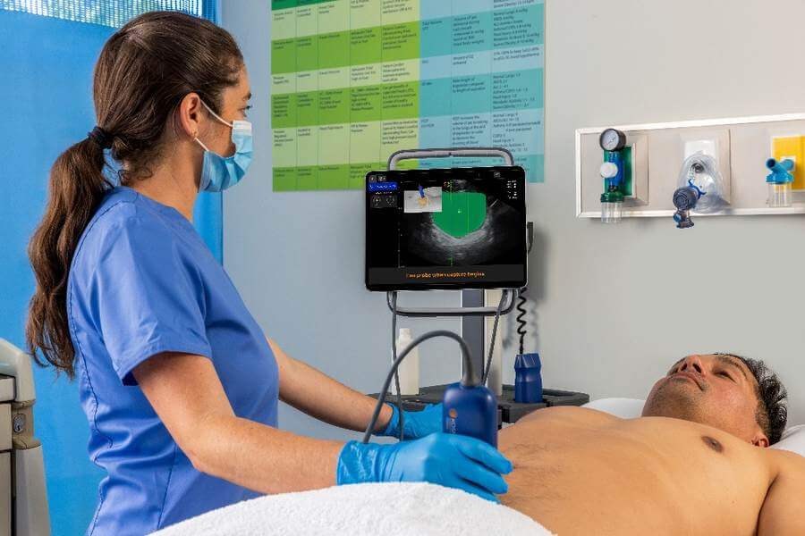 Physician scanning with Kosmos Bladder